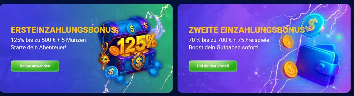 Two German casino bonus banners showing a first deposit bonus of 125% up to €500 plus 5 coins, and a second deposit bonus of 70% up to €700 plus 75 free spins, each with a green call-to-action button on bright blue and purple backgrounds.