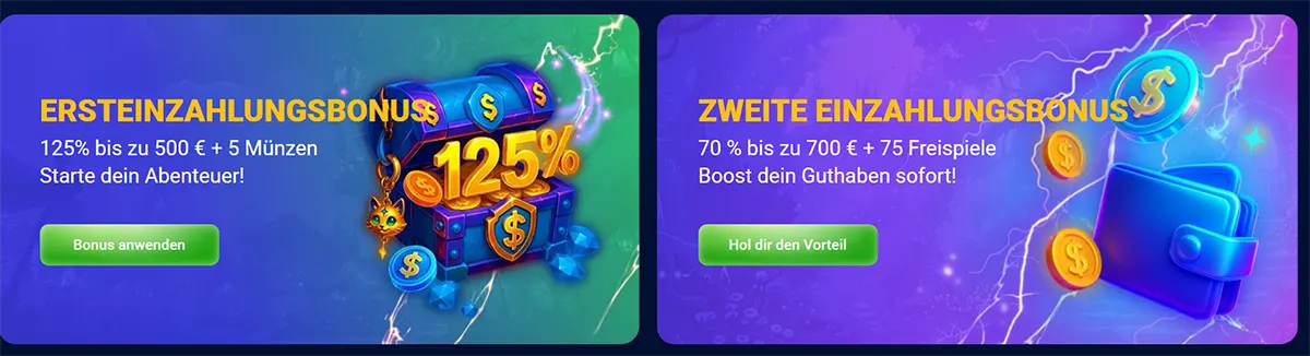 Two German casino bonus banners showing a first deposit bonus of 125% up to €500 plus 5 coins, and a second deposit bonus of 70% up to €700 plus 75 free spins, each with a green call-to-action button on bright blue and purple backgrounds.