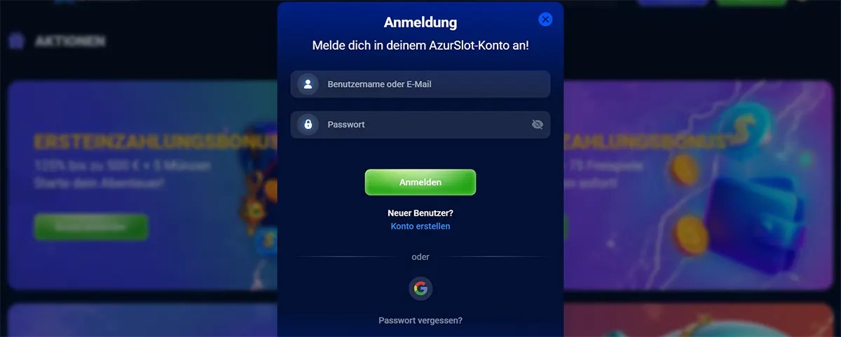 German casino login popup with fields for username or email and password, a green “Anmelden” button, account creation link, Google sign-in option, and blurred bonus banners in the background.