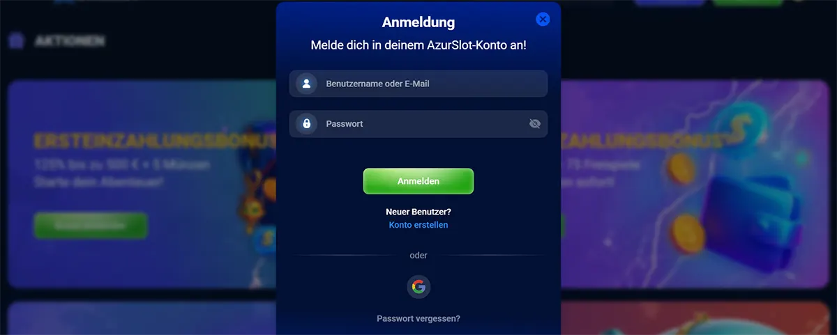 German casino login popup with fields for username or email and password, a green “Anmelden” button, account creation link, Google sign-in option, and blurred bonus banners in the background.